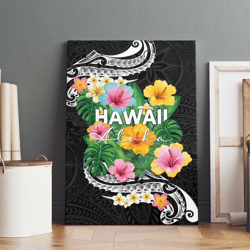 Hawaii Aloha Tropical Leaves and Flower Canvas Wall Art with Polynesian Art Tattoo Black Color - Polynesian Pride