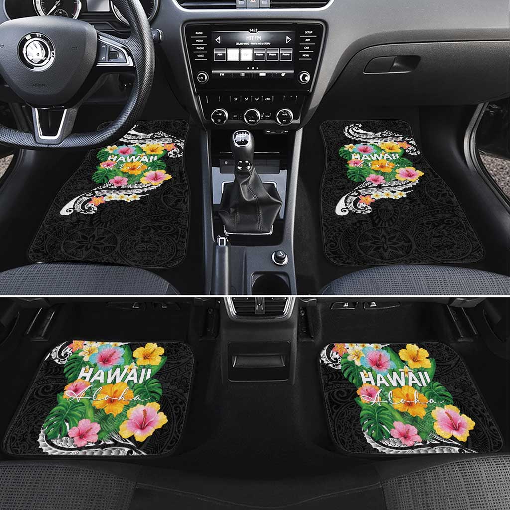 Hawaii Aloha Tropical Leaves and Flower Car Mats with Polynesian Art Tattoo Black Color - Polynesian Pride