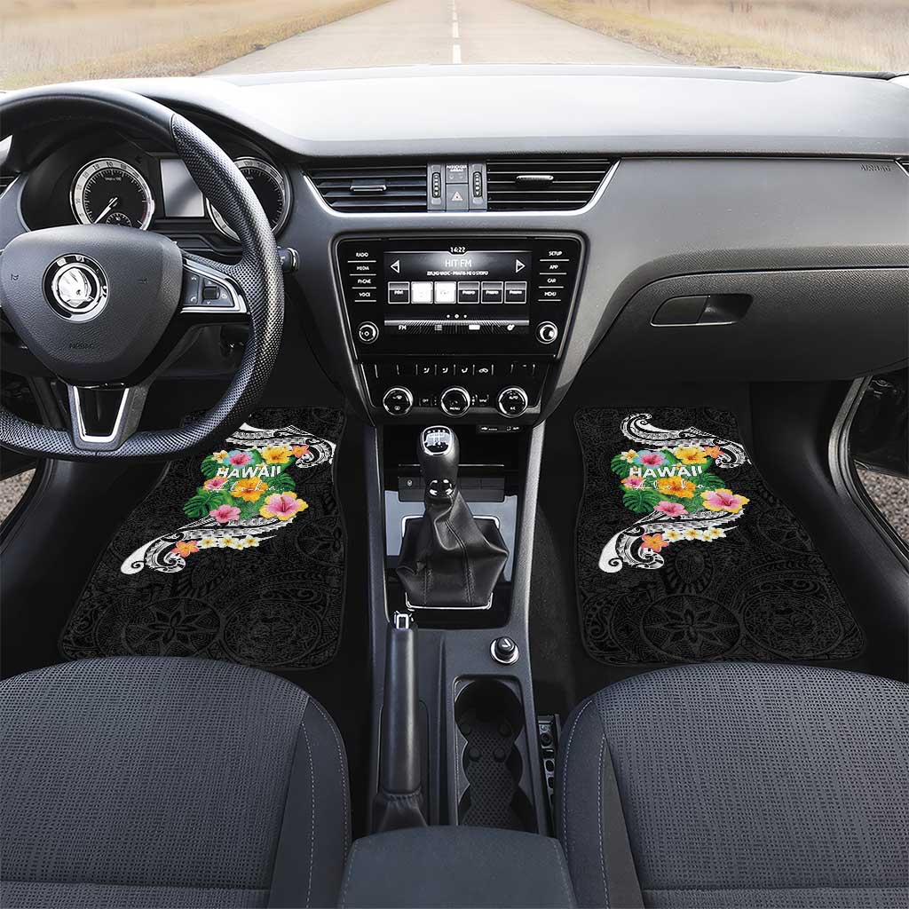 Hawaii Aloha Tropical Leaves and Flower Car Mats with Polynesian Art Tattoo Black Color - Polynesian Pride