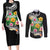 Hawaii Aloha Tropical Leaves and Flower Couples Matching Long Sleeve Bodycon Dress and Long Sleeve Button Shirt with Polynesian Art Tattoo Black Color - Polynesian Pride