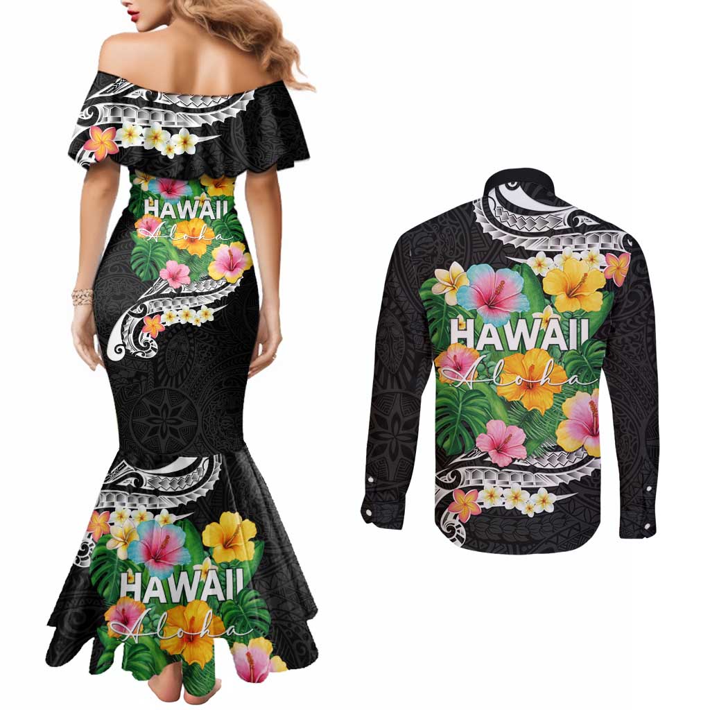 Hawaii Aloha Tropical Leaves and Flower Couples Matching Mermaid Dress and Long Sleeve Button Shirt with Polynesian Art Tattoo Black Color - Polynesian Pride