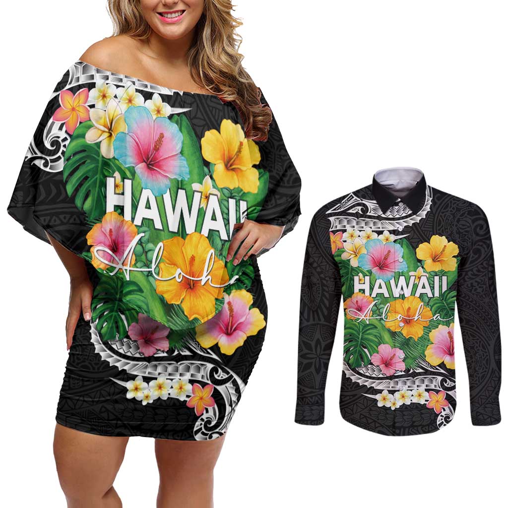 Hawaii Aloha Tropical Leaves and Flower Couples Matching Off Shoulder Short Dress and Long Sleeve Button Shirt with Polynesian Art Tattoo Black Color - Polynesian Pride