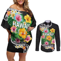 Hawaii Aloha Tropical Leaves and Flower Couples Matching Off Shoulder Short Dress and Long Sleeve Button Shirt with Polynesian Art Tattoo Black Color - Polynesian Pride