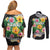 Hawaii Aloha Tropical Leaves and Flower Couples Matching Off Shoulder Short Dress and Long Sleeve Button Shirt with Polynesian Art Tattoo Black Color - Polynesian Pride