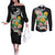 Hawaii Aloha Tropical Leaves and Flower Couples Matching Off The Shoulder Long Sleeve Dress and Long Sleeve Button Shirt with Polynesian Art Tattoo Black Color - Polynesian Pride