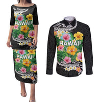 Hawaii Aloha Tropical Leaves and Flower Couples Matching Puletasi and Long Sleeve Button Shirt with Polynesian Art Tattoo Black Color - Polynesian Pride