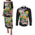 Hawaii Aloha Tropical Leaves and Flower Couples Matching Puletasi and Long Sleeve Button Shirt with Polynesian Art Tattoo Black Color - Polynesian Pride