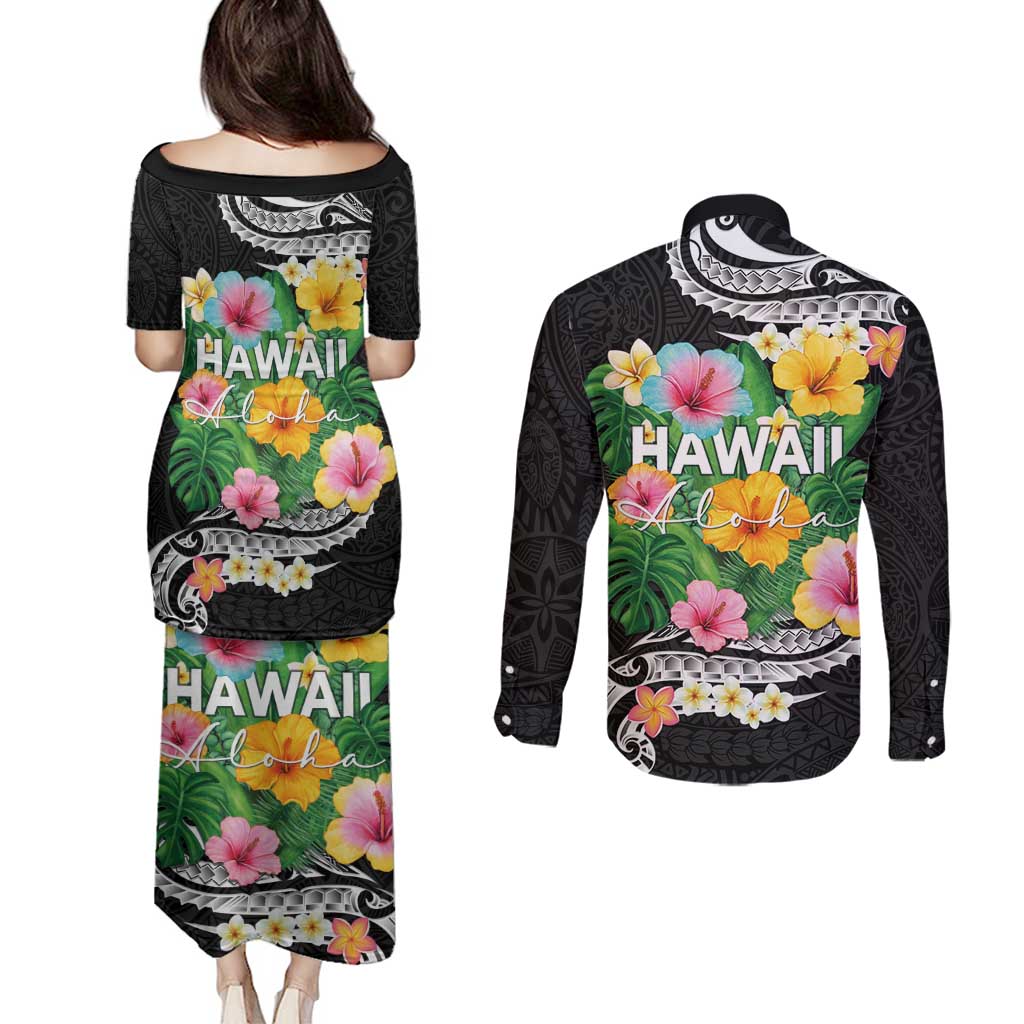 Hawaii Aloha Tropical Leaves and Flower Couples Matching Puletasi and Long Sleeve Button Shirt with Polynesian Art Tattoo Black Color - Polynesian Pride