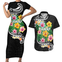 Hawaii Aloha Tropical Leaves and Flower Couples Matching Short Sleeve Bodycon Dress and Hawaiian Shirt with Polynesian Art Tattoo Black Color - Polynesian Pride