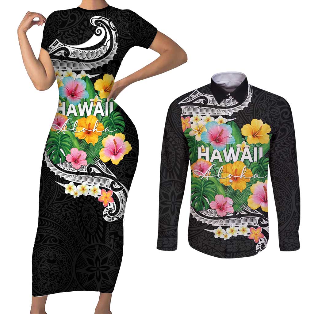 Hawaii Aloha Tropical Leaves and Flower Couples Matching Short Sleeve Bodycon Dress and Long Sleeve Button Shirt with Polynesian Art Tattoo Black Color - Polynesian Pride