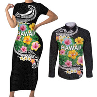 Hawaii Aloha Tropical Leaves and Flower Couples Matching Short Sleeve Bodycon Dress and Long Sleeve Button Shirt with Polynesian Art Tattoo Black Color - Polynesian Pride