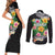 Hawaii Aloha Tropical Leaves and Flower Couples Matching Short Sleeve Bodycon Dress and Long Sleeve Button Shirt with Polynesian Art Tattoo Black Color - Polynesian Pride