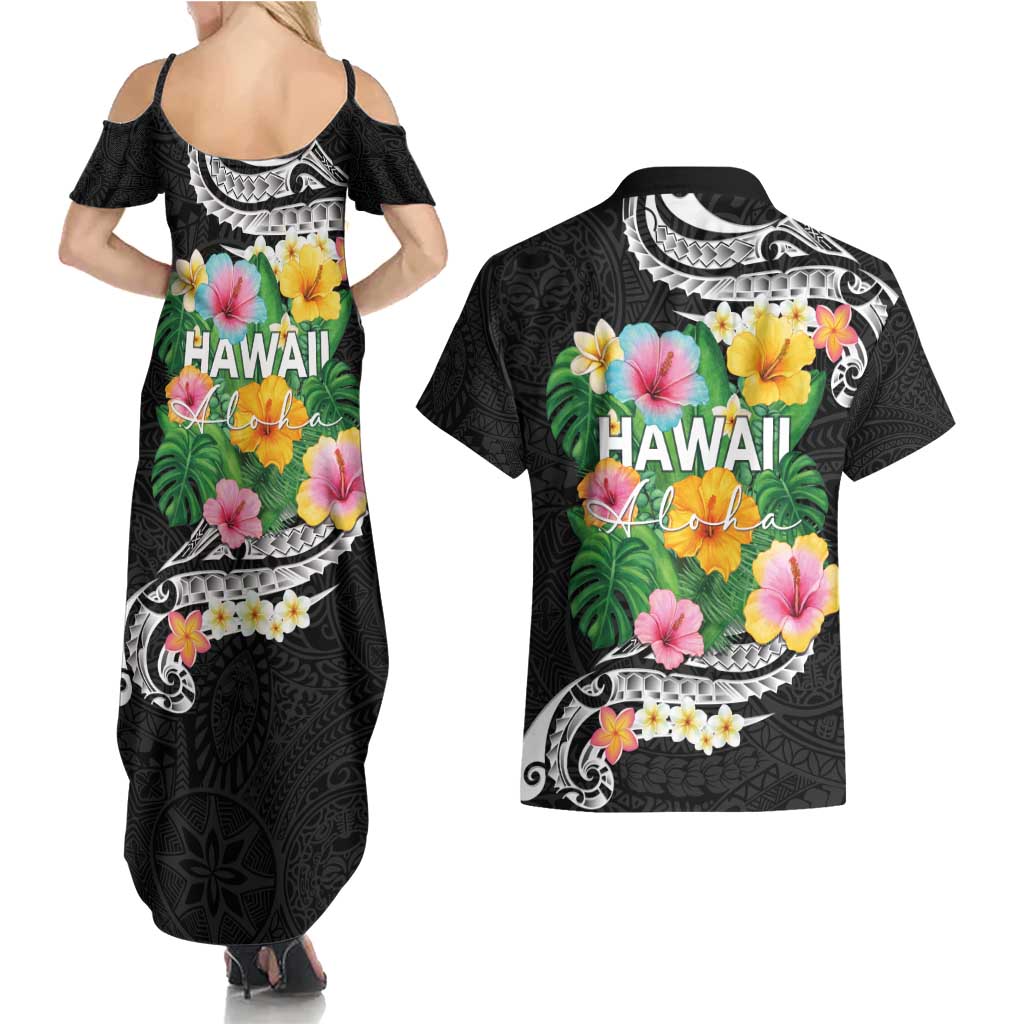 Hawaii Aloha Tropical Leaves and Flower Couples Matching Summer Maxi Dress and Hawaiian Shirt with Polynesian Art Tattoo Black Color - Polynesian Pride