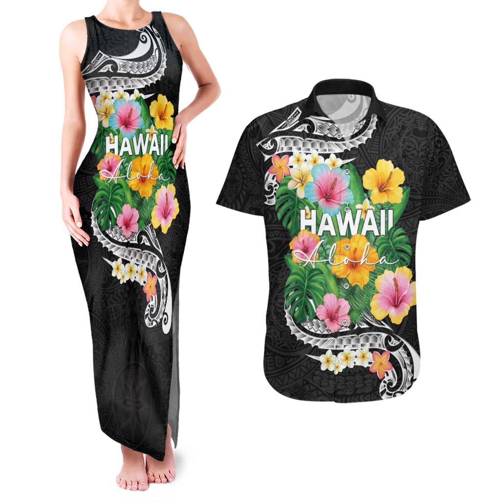 Hawaii Aloha Tropical Leaves and Flower Couples Matching Tank Maxi Dress and Hawaiian Shirt with Polynesian Art Tattoo Black Color - Polynesian Pride