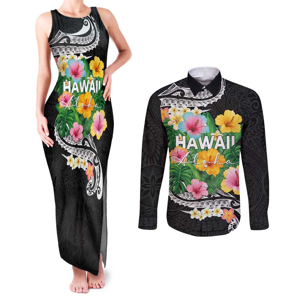 Hawaii Aloha Tropical Leaves and Flower Couples Matching Tank Maxi Dress and Long Sleeve Button Shirt with Polynesian Art Tattoo Black Color - Polynesian Pride