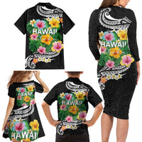 Hawaii Aloha Tropical Leaves and Flower Family Matching Long Sleeve Bodycon Dress and Hawaiian Shirt with Polynesian Art Tattoo Black Color - Polynesian Pride