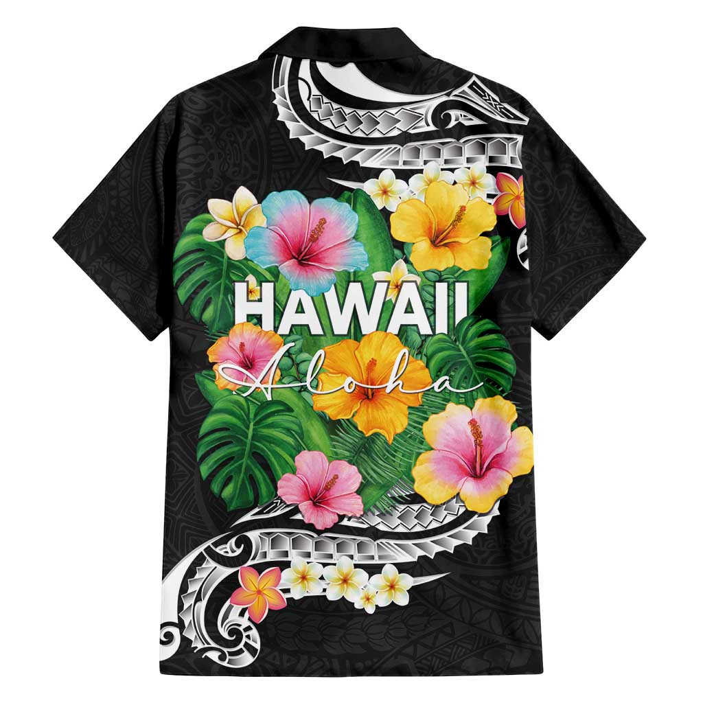 Hawaii Aloha Tropical Leaves and Flower Family Matching Long Sleeve Bodycon Dress and Hawaiian Shirt with Polynesian Art Tattoo Black Color - Polynesian Pride