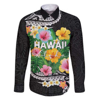 Hawaii Aloha Tropical Leaves and Flower Family Matching Long Sleeve Bodycon Dress and Hawaiian Shirt with Polynesian Art Tattoo Black Color - Polynesian Pride