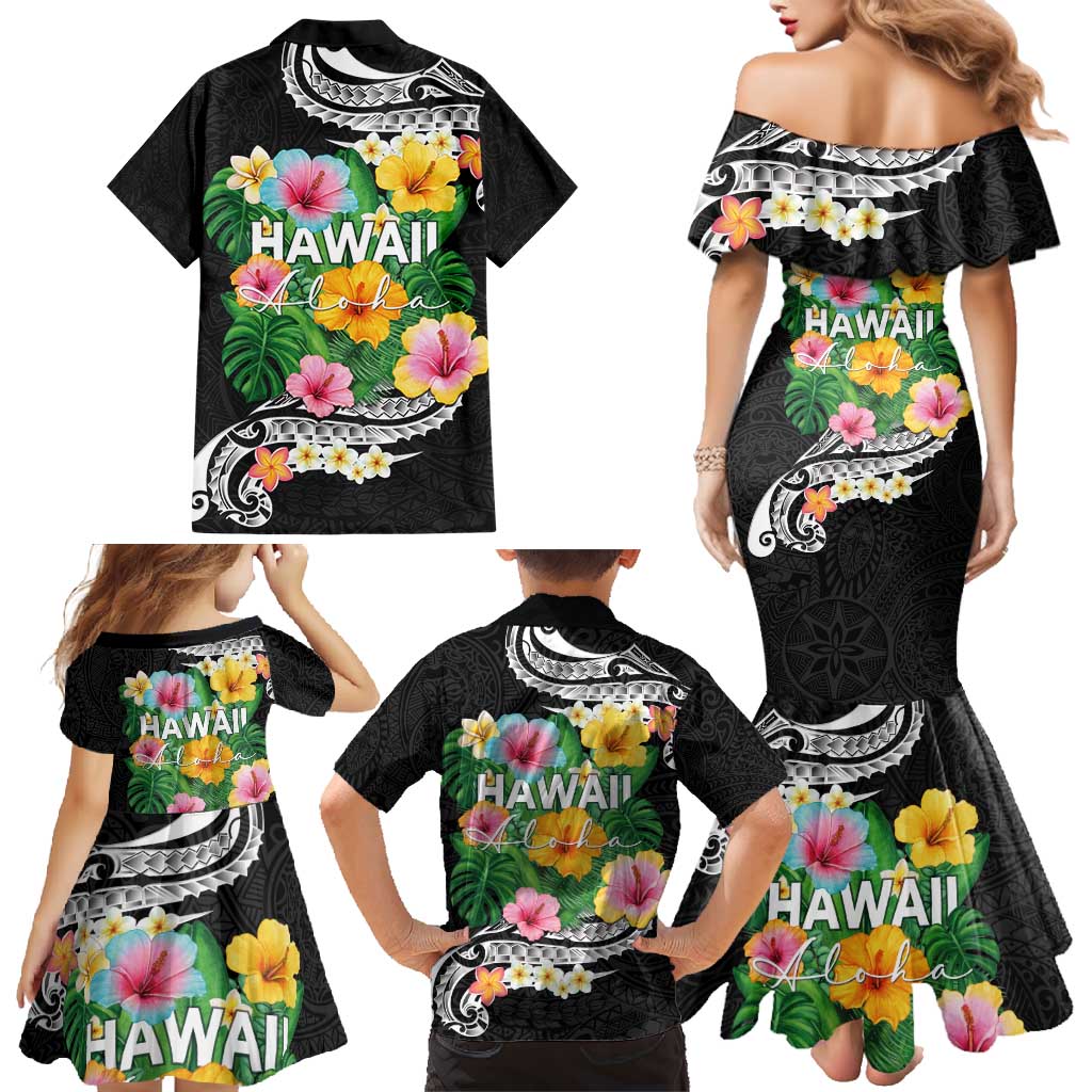 Hawaii Aloha Tropical Leaves and Flower Family Matching Mermaid Dress and Hawaiian Shirt with Polynesian Art Tattoo Black Color - Polynesian Pride