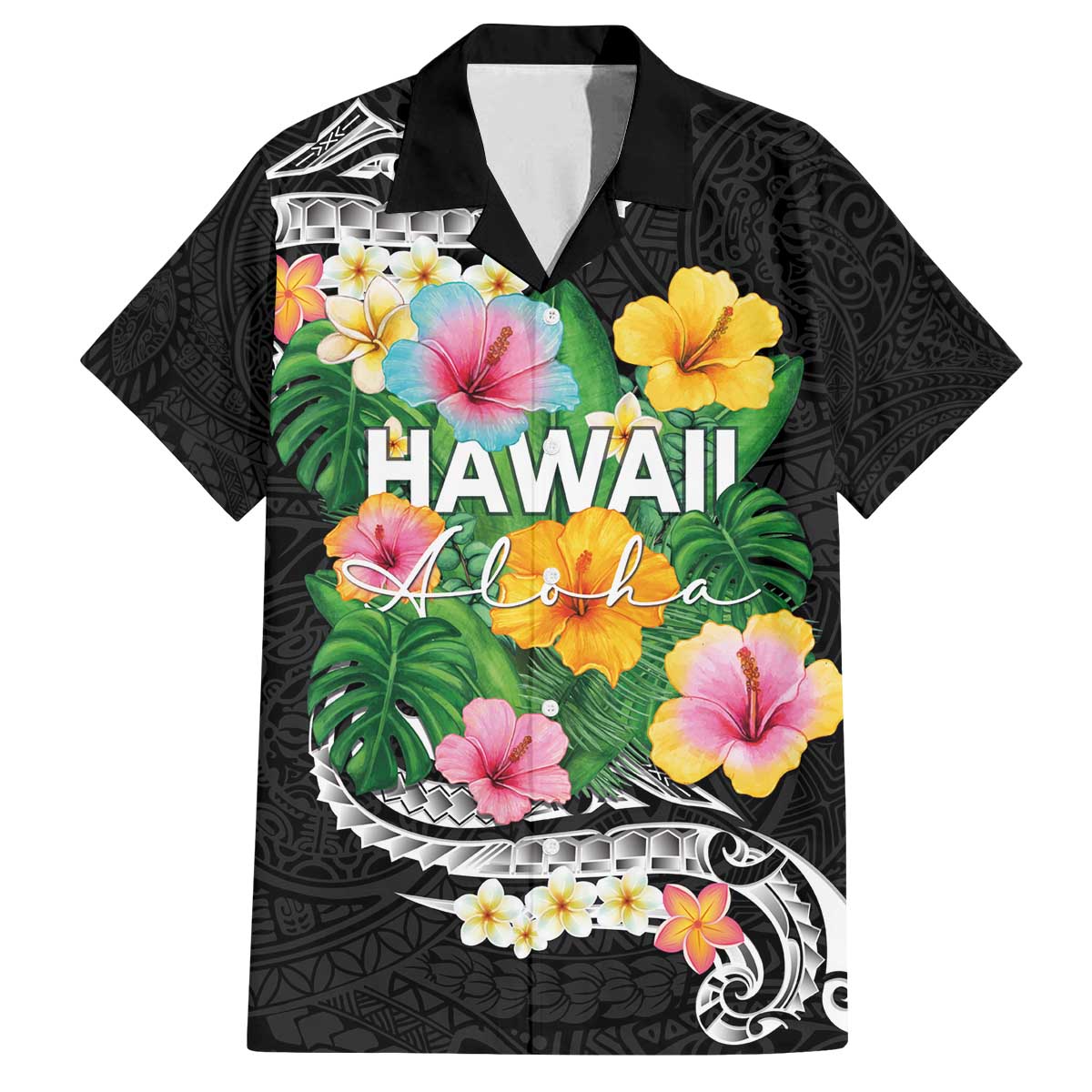 Hawaii Aloha Tropical Leaves and Flower Family Matching Off The Shoulder Long Sleeve Dress and Hawaiian Shirt with Polynesian Art Tattoo Black Color - Polynesian Pride