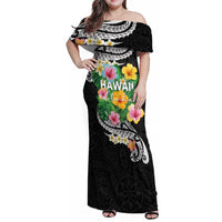 Hawaii Aloha Tropical Leaves and Flower Family Matching Off Shoulder Maxi Dress and Hawaiian Shirt with Polynesian Art Tattoo Black Color - Polynesian Pride