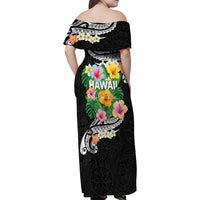 Hawaii Aloha Tropical Leaves and Flower Family Matching Off Shoulder Maxi Dress and Hawaiian Shirt with Polynesian Art Tattoo Black Color - Polynesian Pride