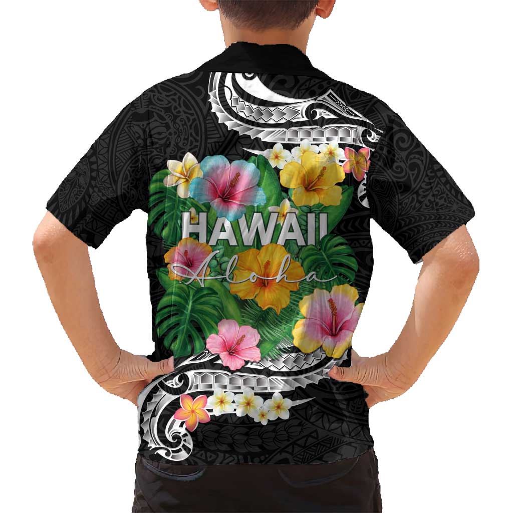 Hawaii Aloha Tropical Leaves and Flower Family Matching Off Shoulder Short Dress and Hawaiian Shirt with Polynesian Art Tattoo Black Color - Polynesian Pride