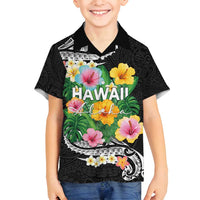 Hawaii Aloha Tropical Leaves and Flower Family Matching Off Shoulder Short Dress and Hawaiian Shirt with Polynesian Art Tattoo Black Color - Polynesian Pride