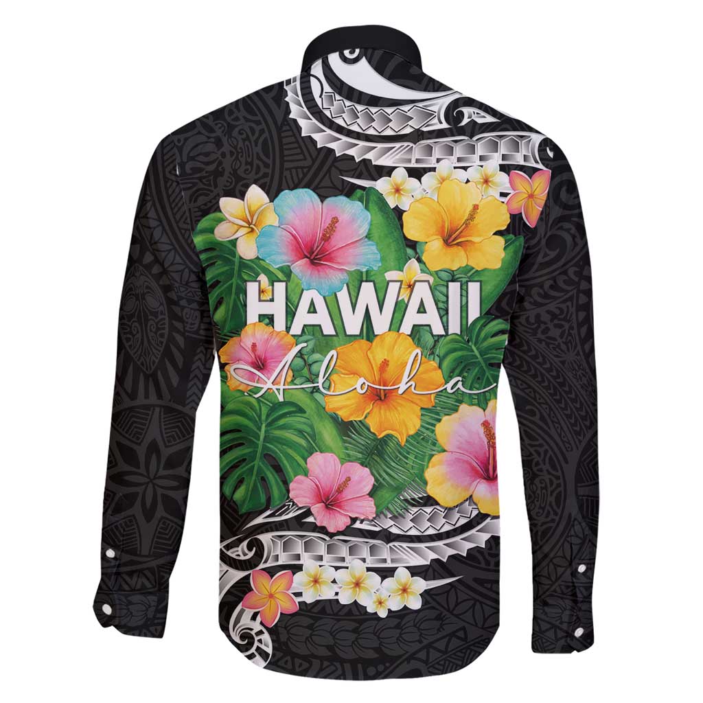 Hawaii Aloha Tropical Leaves and Flower Family Matching Short Sleeve Bodycon Dress and Hawaiian Shirt with Polynesian Art Tattoo Black Color - Polynesian Pride
