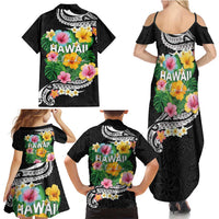 Hawaii Aloha Tropical Leaves and Flower Family Matching Summer Maxi Dress and Hawaiian Shirt with Polynesian Art Tattoo Black Color - Polynesian Pride