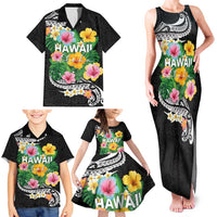 Hawaii Aloha Tropical Leaves and Flower Family Matching Tank Maxi Dress and Hawaiian Shirt with Polynesian Art Tattoo Black Color - Polynesian Pride