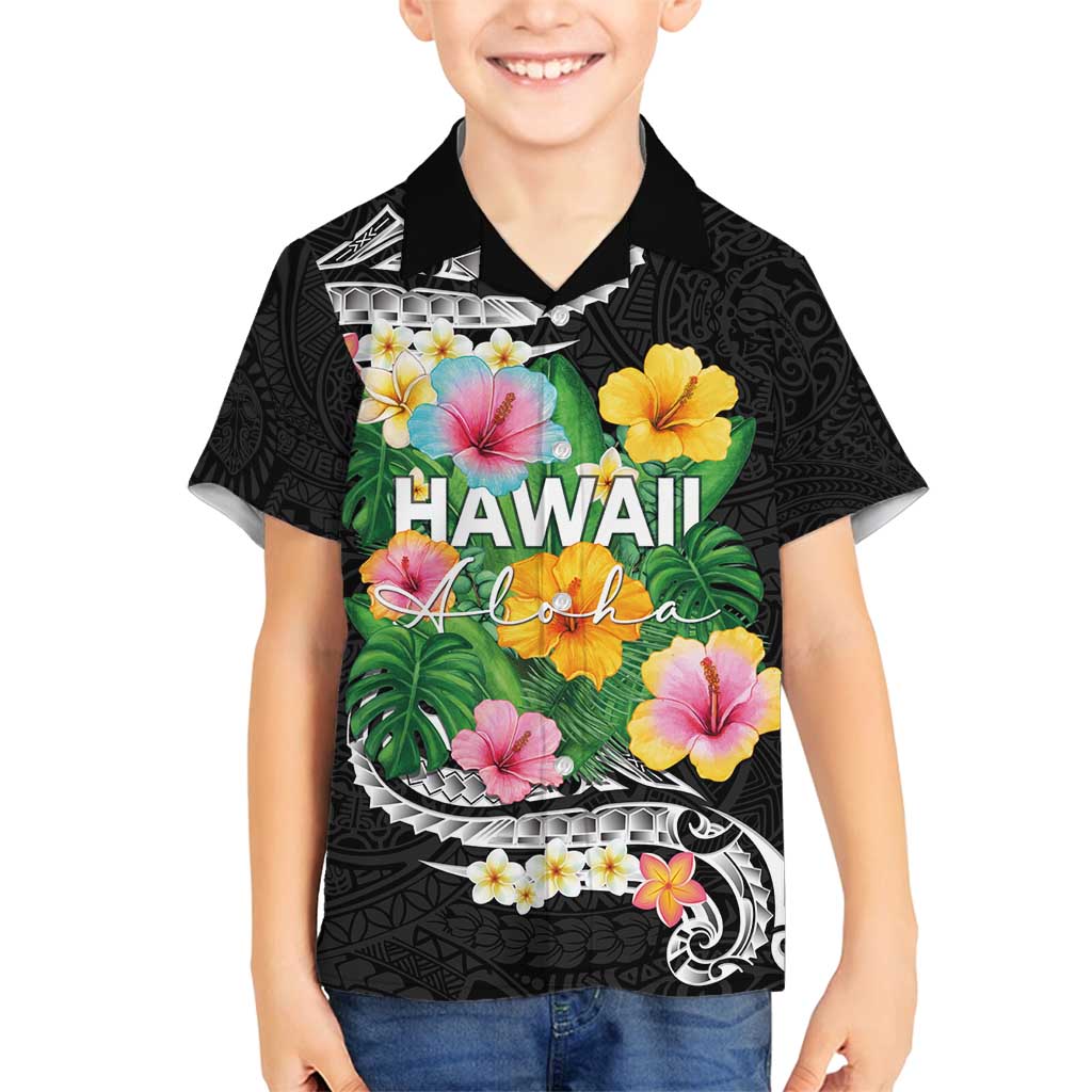 Hawaii Aloha Tropical Leaves and Flower Family Matching Tank Maxi Dress and Hawaiian Shirt with Polynesian Art Tattoo Black Color - Polynesian Pride