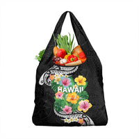 Hawaii Aloha Tropical Leaves and Flower Grocery Bag with Polynesian Art Tattoo Black Color - Polynesian Pride