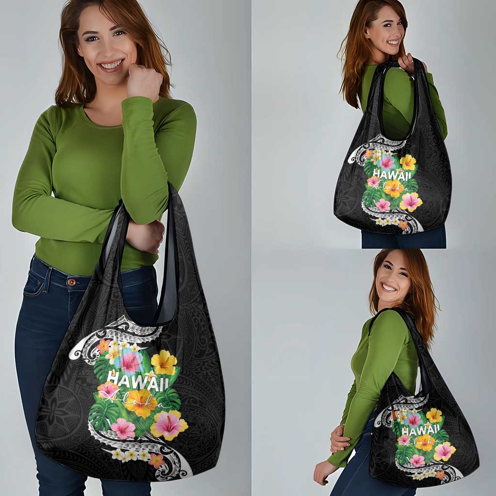 Hawaii Aloha Tropical Leaves and Flower Grocery Bag with Polynesian Art Tattoo Black Color - Polynesian Pride