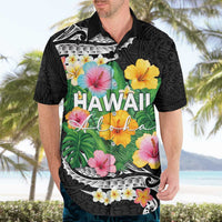 Hawaii Aloha Tropical Leaves and Flower Hawaiian Shirt with Polynesian Art Tattoo Black Color - Polynesian Pride