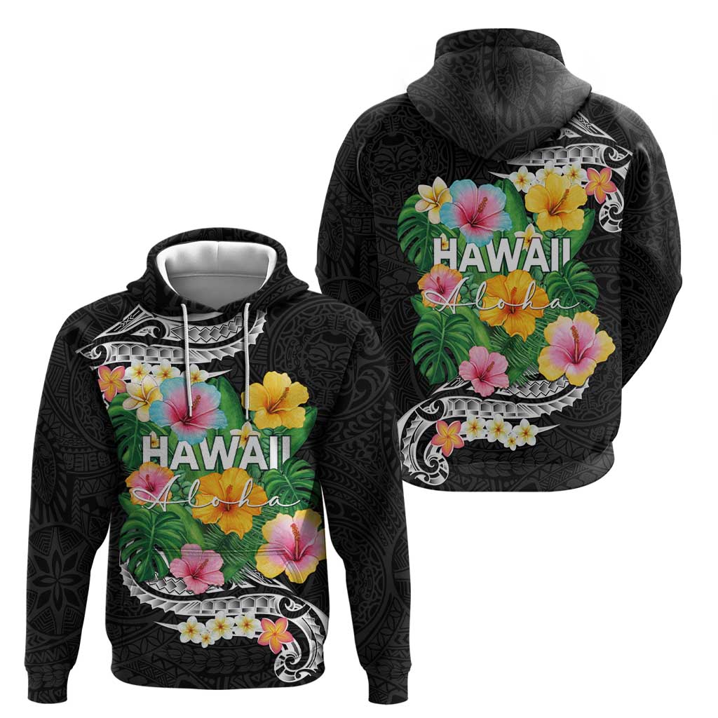 Hawaii Aloha Tropical Leaves and Flower Hoodie with Polynesian Art Tattoo Black Color - Polynesian Pride