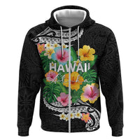 Hawaii Aloha Tropical Leaves and Flower Hoodie with Polynesian Art Tattoo Black Color - Polynesian Pride