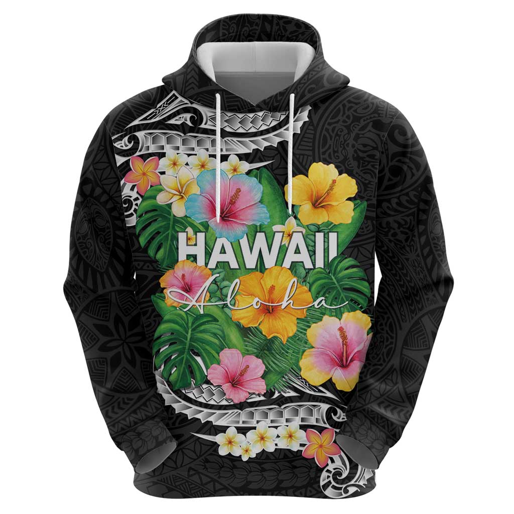 Hawaii Aloha Tropical Leaves and Flower Hoodie with Polynesian Art Tattoo Black Color - Polynesian Pride