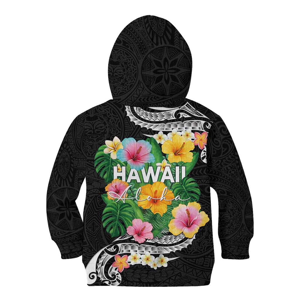 Hawaii Aloha Tropical Leaves and Flower Kid Hoodie with Polynesian Art Tattoo Black Color - Polynesian Pride
