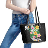 Hawaii Aloha Tropical Leaves and Flower Leather Tote Bag with Polynesian Art Tattoo Black Color LT03 - Polynesian Pride