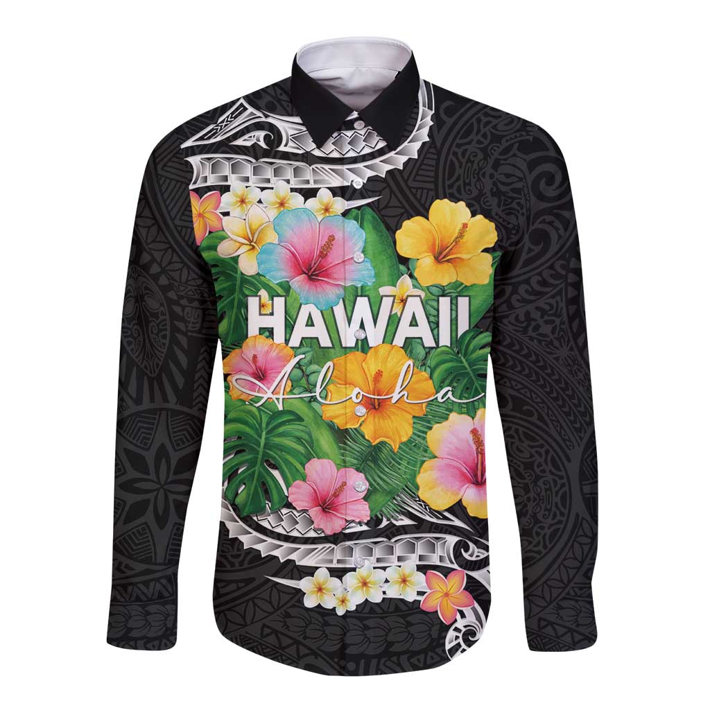 Hawaii Aloha Tropical Leaves and Flower Long Sleeve Button Shirt with Polynesian Art Tattoo Black Color LT03 Unisex Black - Polynesian Pride