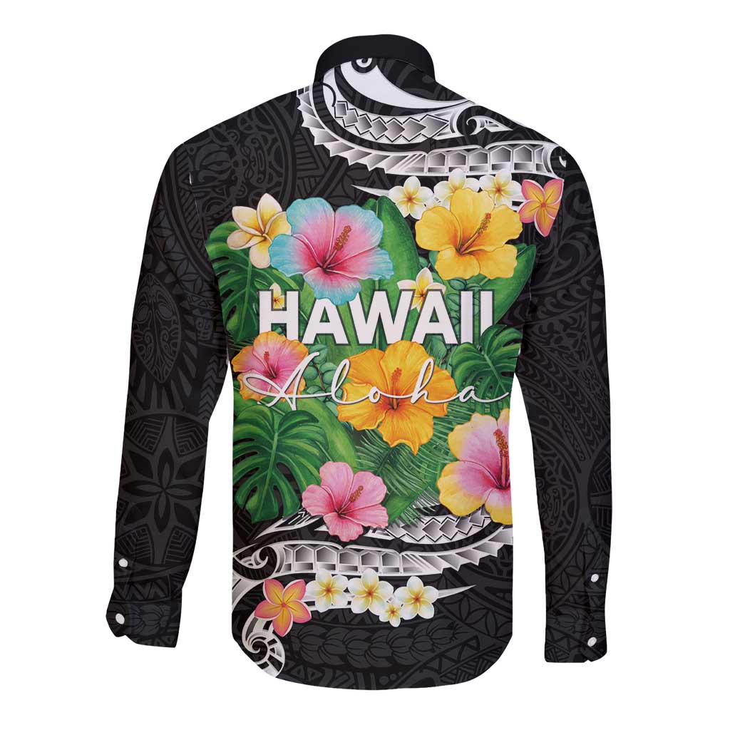 Hawaii Aloha Tropical Leaves and Flower Long Sleeve Button Shirt with Polynesian Art Tattoo Black Color LT03 - Polynesian Pride