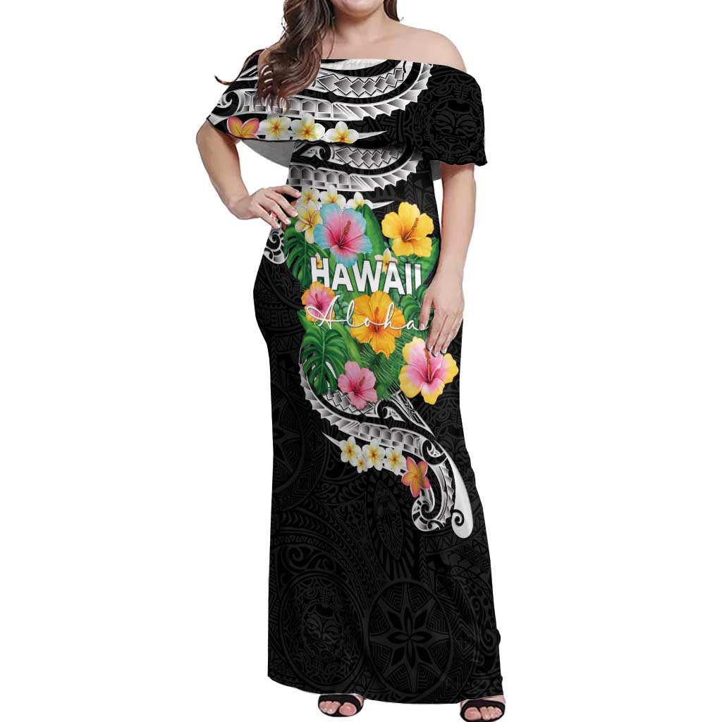 Hawaii Aloha Tropical Leaves and Flower Off Shoulder Maxi Dress with Polynesian Art Tattoo Black Color - Polynesian Pride