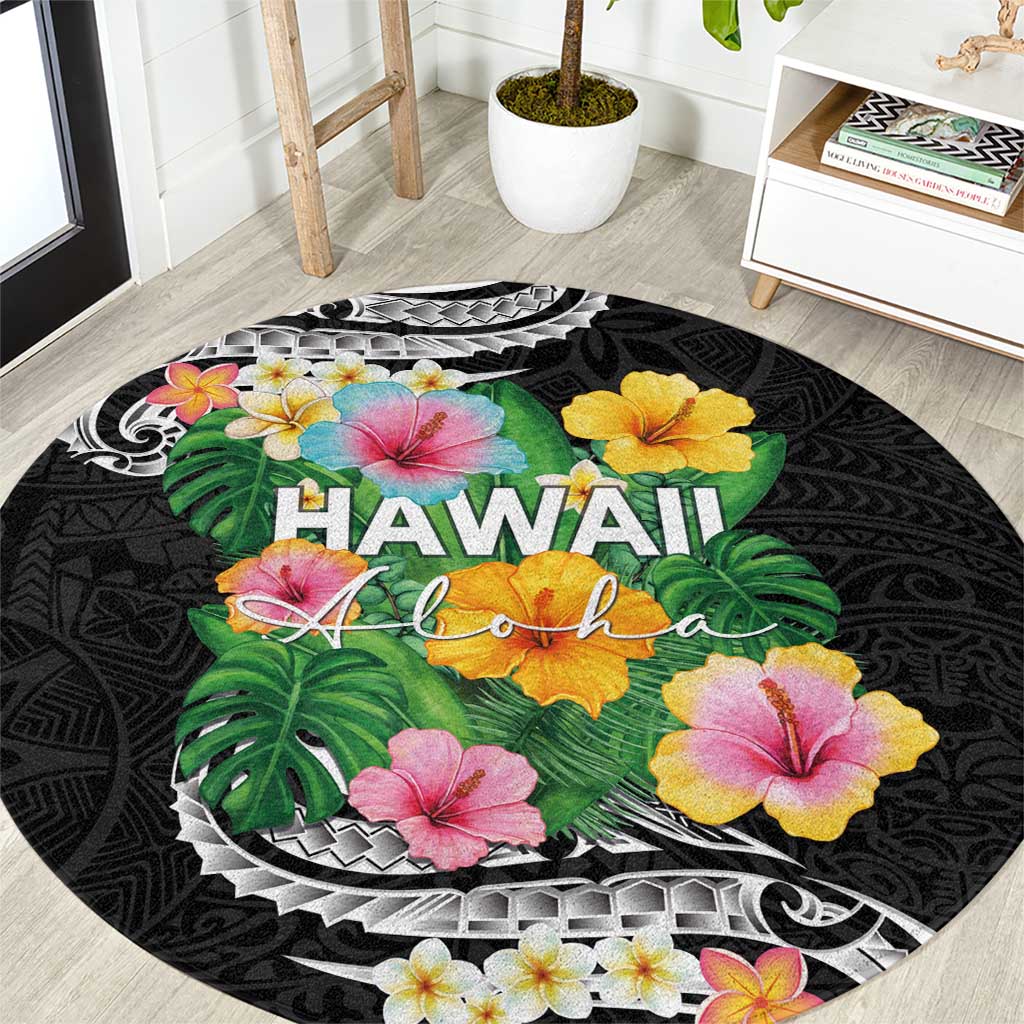 Hawaii Aloha Tropical Leaves and Flower Round Carpet with Polynesian Art Tattoo Black Color - Polynesian Pride