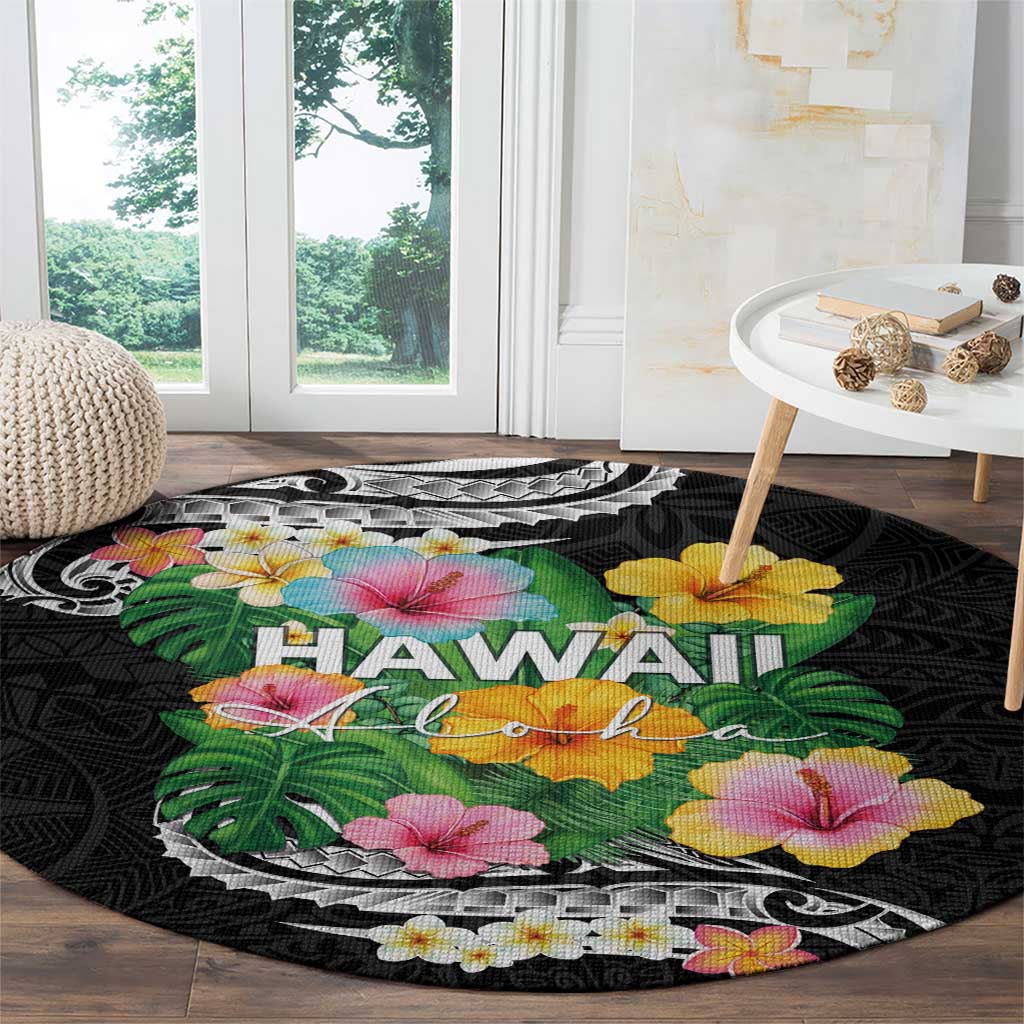 Hawaii Aloha Tropical Leaves and Flower Round Carpet with Polynesian Art Tattoo Black Color - Polynesian Pride