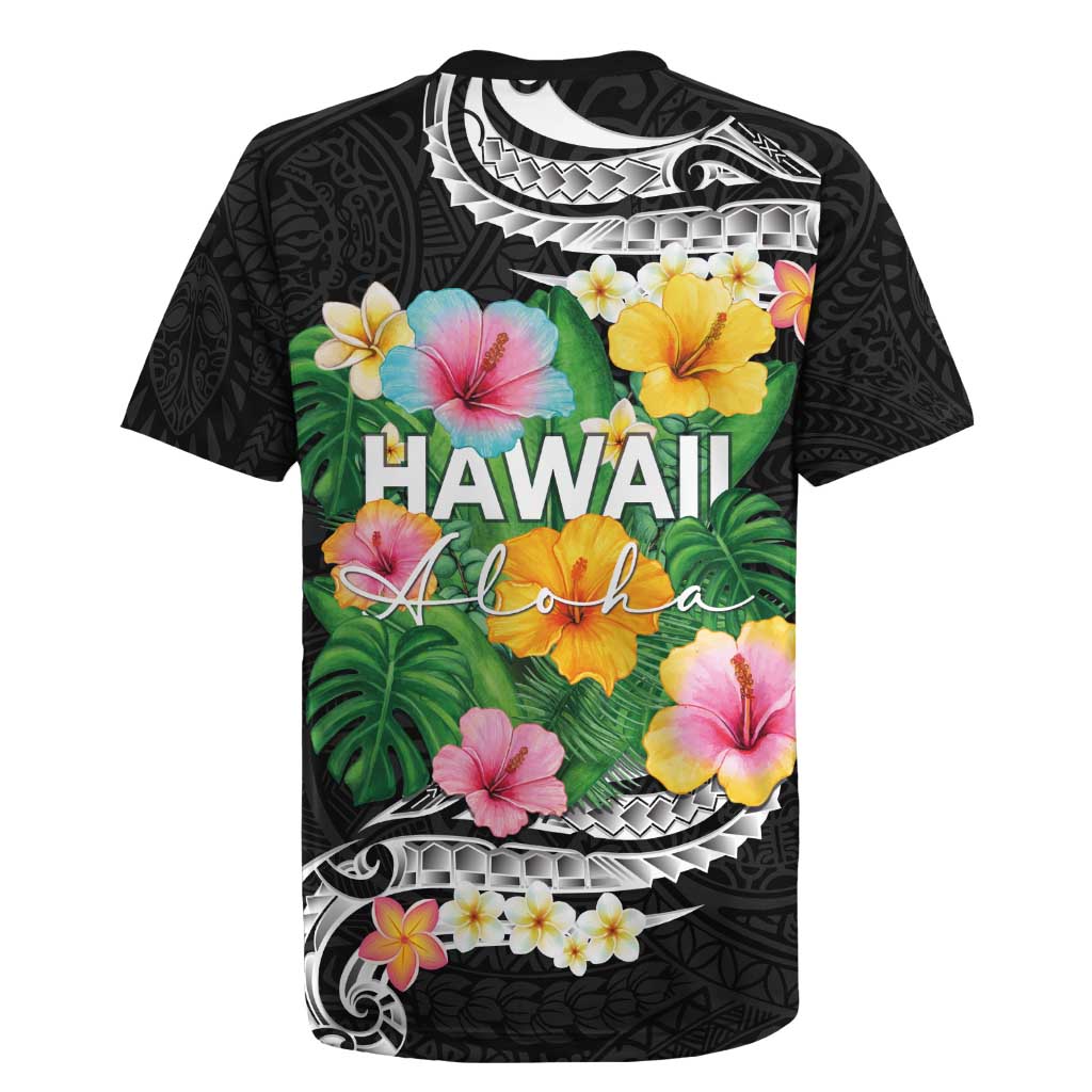 Hawaii Aloha Tropical Leaves and Flower Rugby Jersey with Polynesian Art Tattoo Black Color - Polynesian Pride