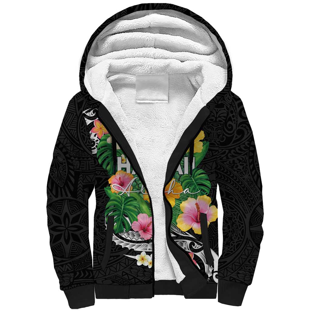Hawaii Aloha Tropical Leaves and Flower Sherpa Hoodie with Polynesian Art Tattoo Black Color - Polynesian Pride