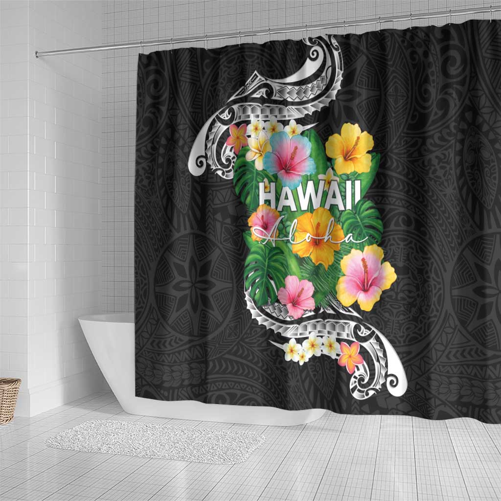 Hawaii Aloha Tropical Leaves and Flower Shower Curtain with Polynesian Art Tattoo Black Color - Polynesian Pride