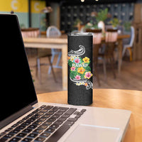 Hawaii Aloha Tropical Leaves and Flower Skinny Tumbler with Polynesian Art Tattoo Black Color - Polynesian Pride