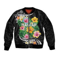 Hawaii Aloha Tropical Leaves and Flower Sleeve Zip Bomber Jacket with Polynesian Art Tattoo Black Color LT03 Unisex Black - Polynesian Pride